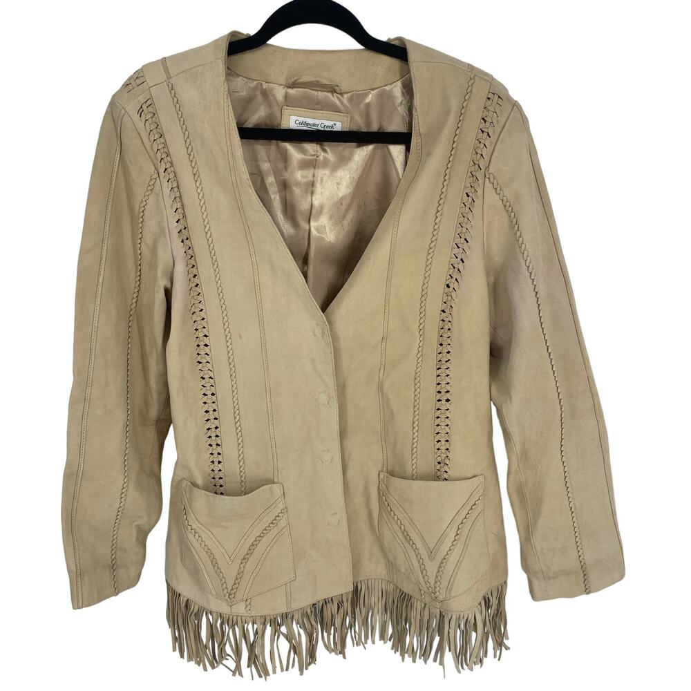 Coldwater Creek Braided women S/M Tan Leather Fringe north western SnapUp Jacket